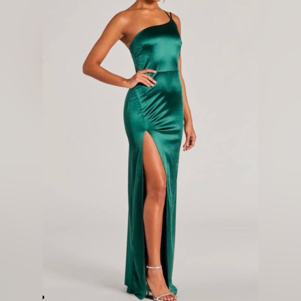 Windsor Green Satin One-Shoulder Maxi Dress